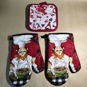 Set Of 4pc Retro Italian Chef Themed Oven Mitt & Pot‎ Holders